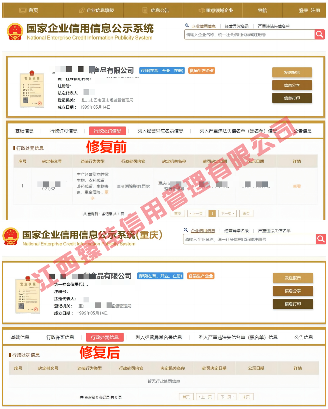 国家企业信用信息公示系统（重庆XX食品）